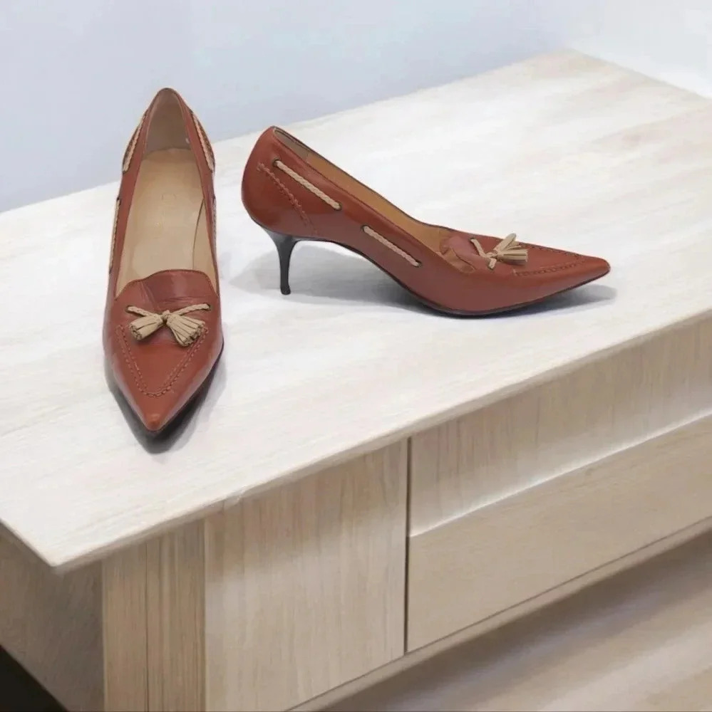 Cole Haan Rust Brown Pointed-Toe Tassel Kitten Heels